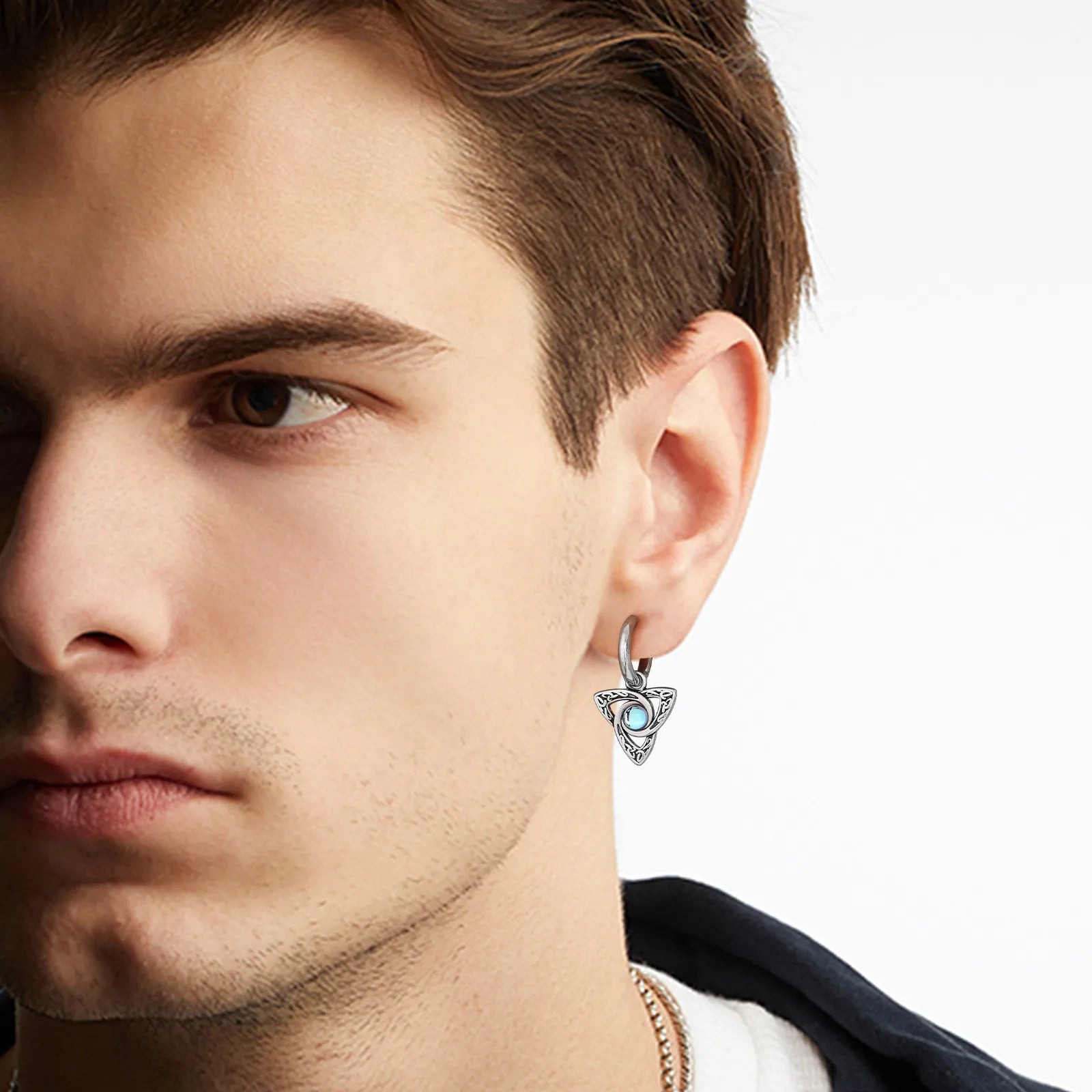 Retro Punk Celtic Moonstone Stainless Steel Drop Earrings for Men – Vintage Triangle Knot Design
