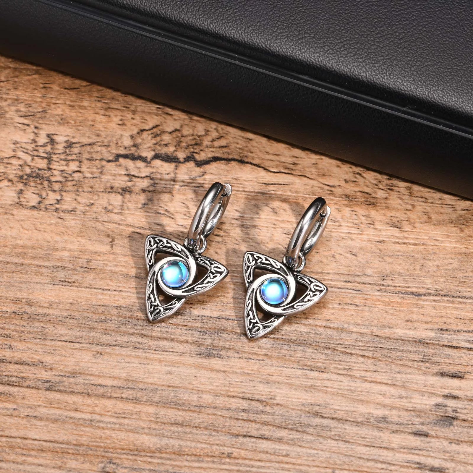Retro Punk Celtic Moonstone Stainless Steel Drop Earrings for Men – Vintage Triangle Knot Design