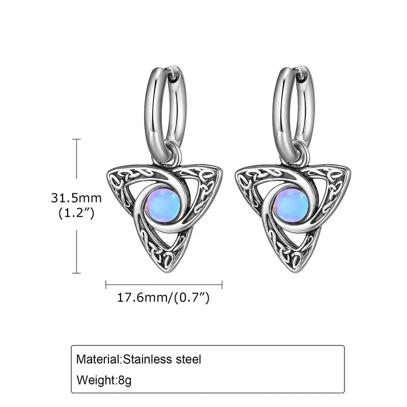 Retro Punk Celtic Moonstone Stainless Steel Drop Earrings for Men – Vintage Triangle Knot Design