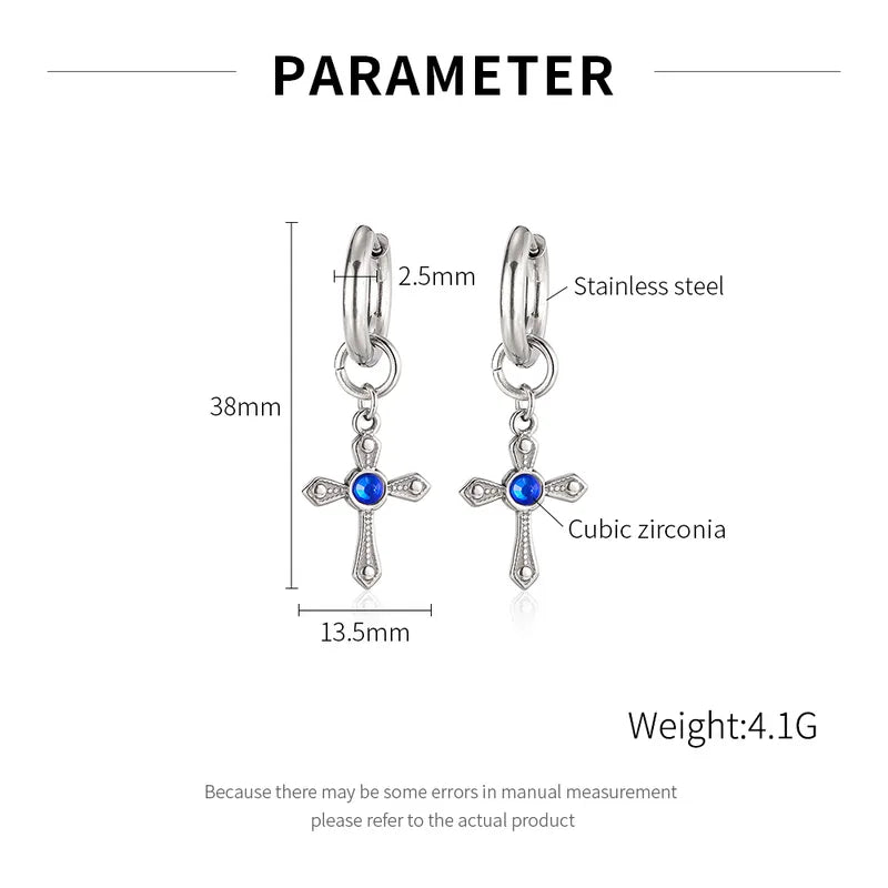 Men's Cross Drop Earrings – Vintage Style with Blue Zircon, 304 Stainless Steel