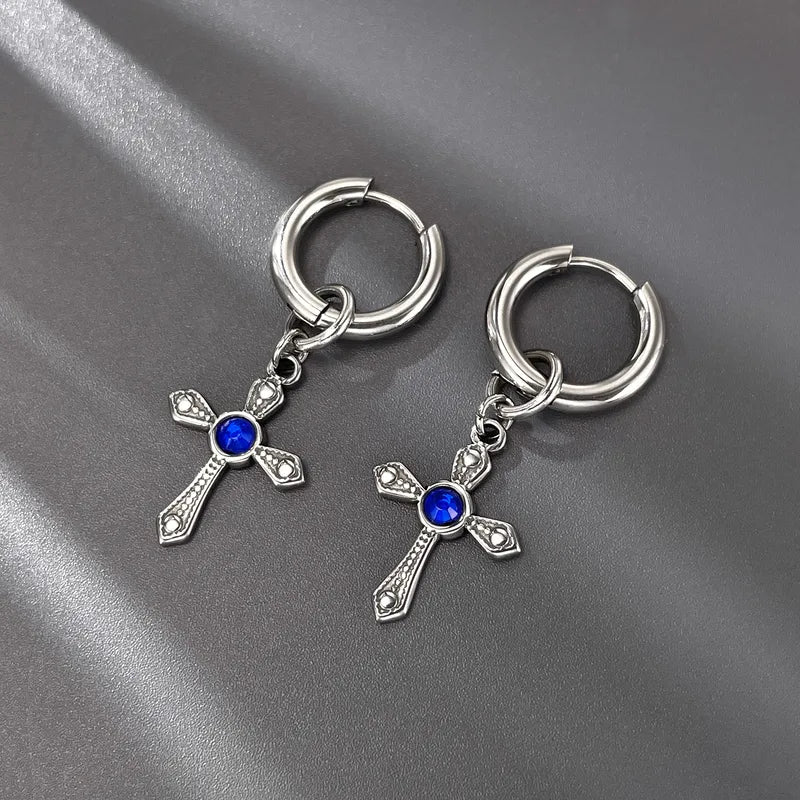 Men's Cross Drop Earrings – Vintage Style with Blue Zircon, 304 Stainless Steel
