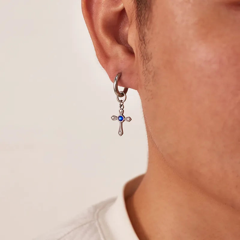 Men's Cross Drop Earrings – Vintage Style with Blue Zircon, 304 Stainless Steel