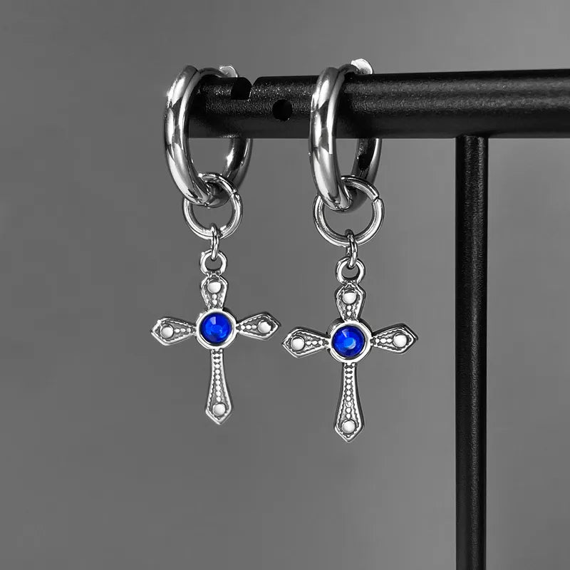 Men's Cross Drop Earrings – Vintage Style with Blue Zircon, 304 Stainless Steel