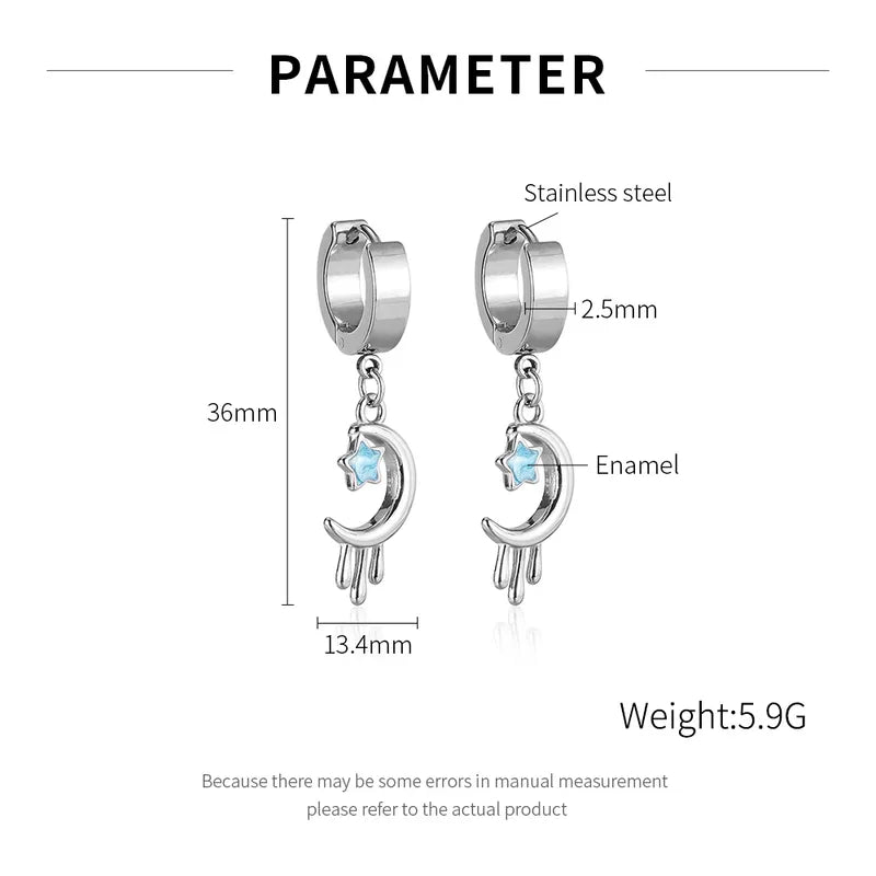 Moon & Star Drop Earrings – Stainless Steel with Enamel Detailing (36mm)
