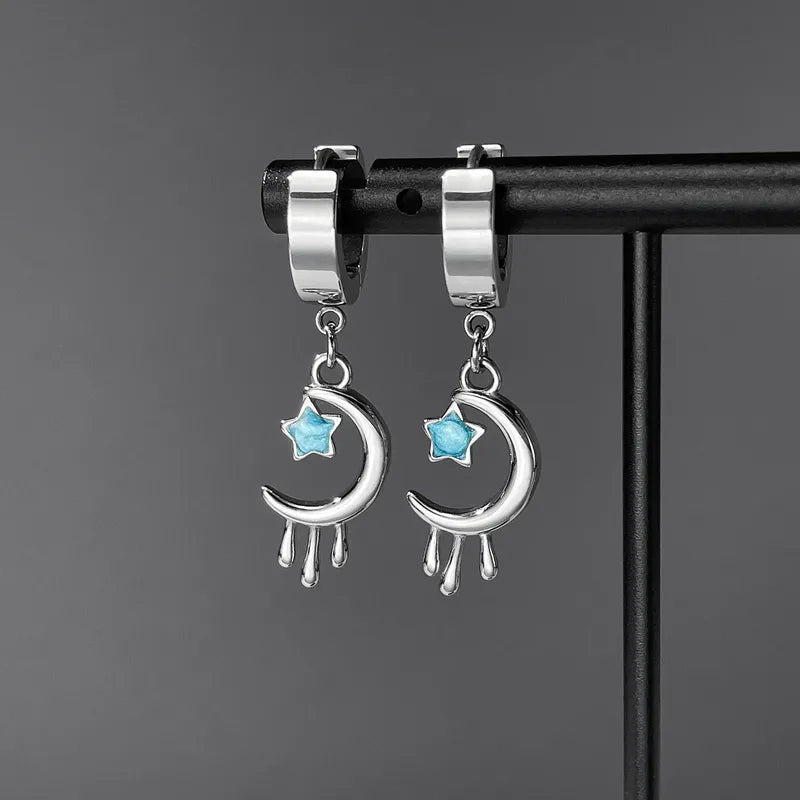 Moon & Star Drop Earrings – Stainless Steel with Enamel Detailing (36mm)