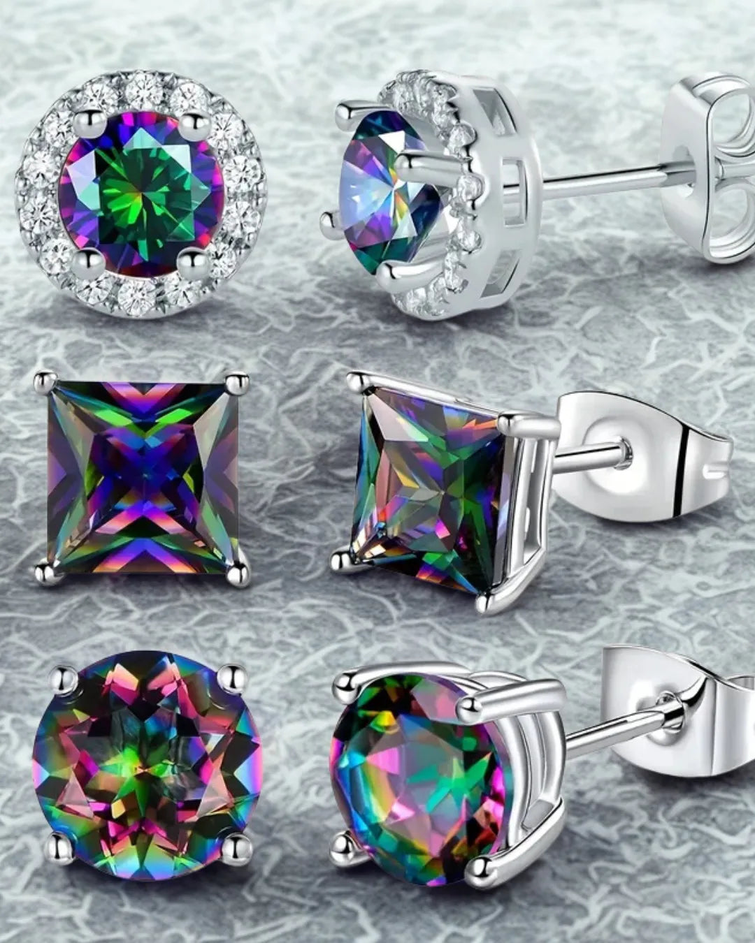 3 Pairs Rainbow Mystic Stone Stud Earrings – White Gold Plated Hypoallergenic Zircon Set