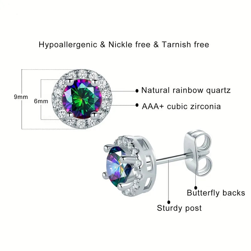 3 Pairs Rainbow Mystic Stone Stud Earrings – White Gold Plated Hypoallergenic Zircon Set