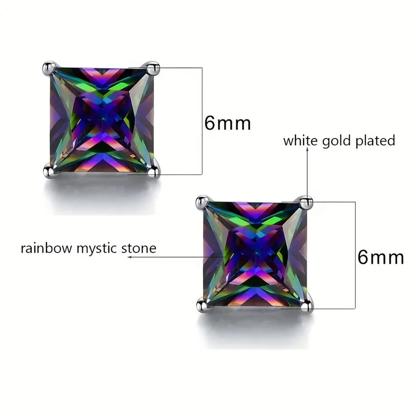 3 Pairs Rainbow Mystic Stone Stud Earrings – White Gold Plated Hypoallergenic Zircon Set