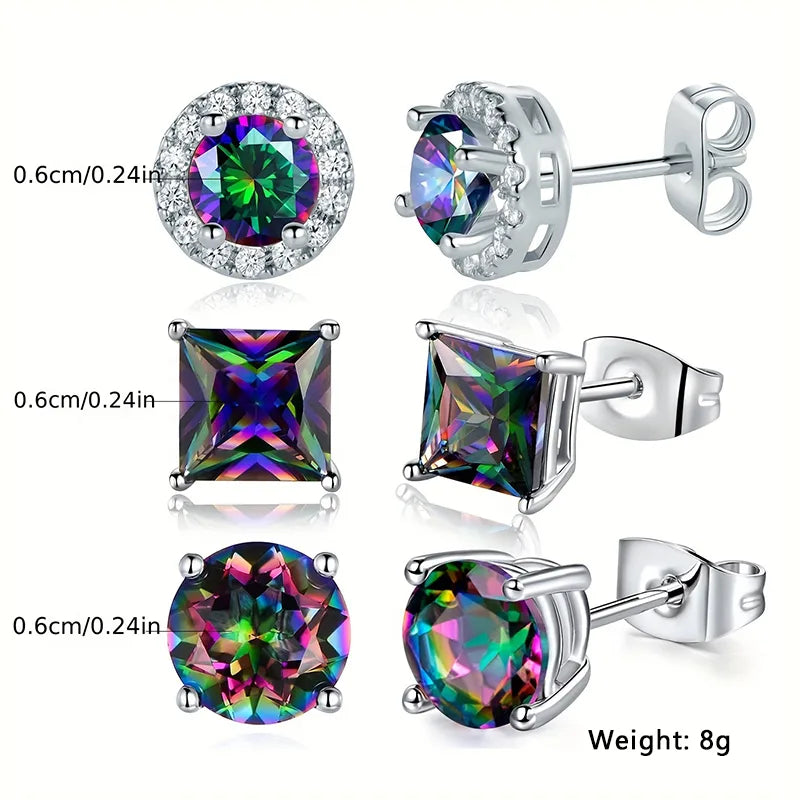 3 Pairs Rainbow Mystic Stone Stud Earrings – White Gold Plated Hypoallergenic Zircon Set