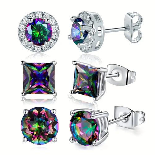 3 Pairs Rainbow Mystic Stone Stud Earrings – White Gold Plated Hypoallergenic Zircon Set