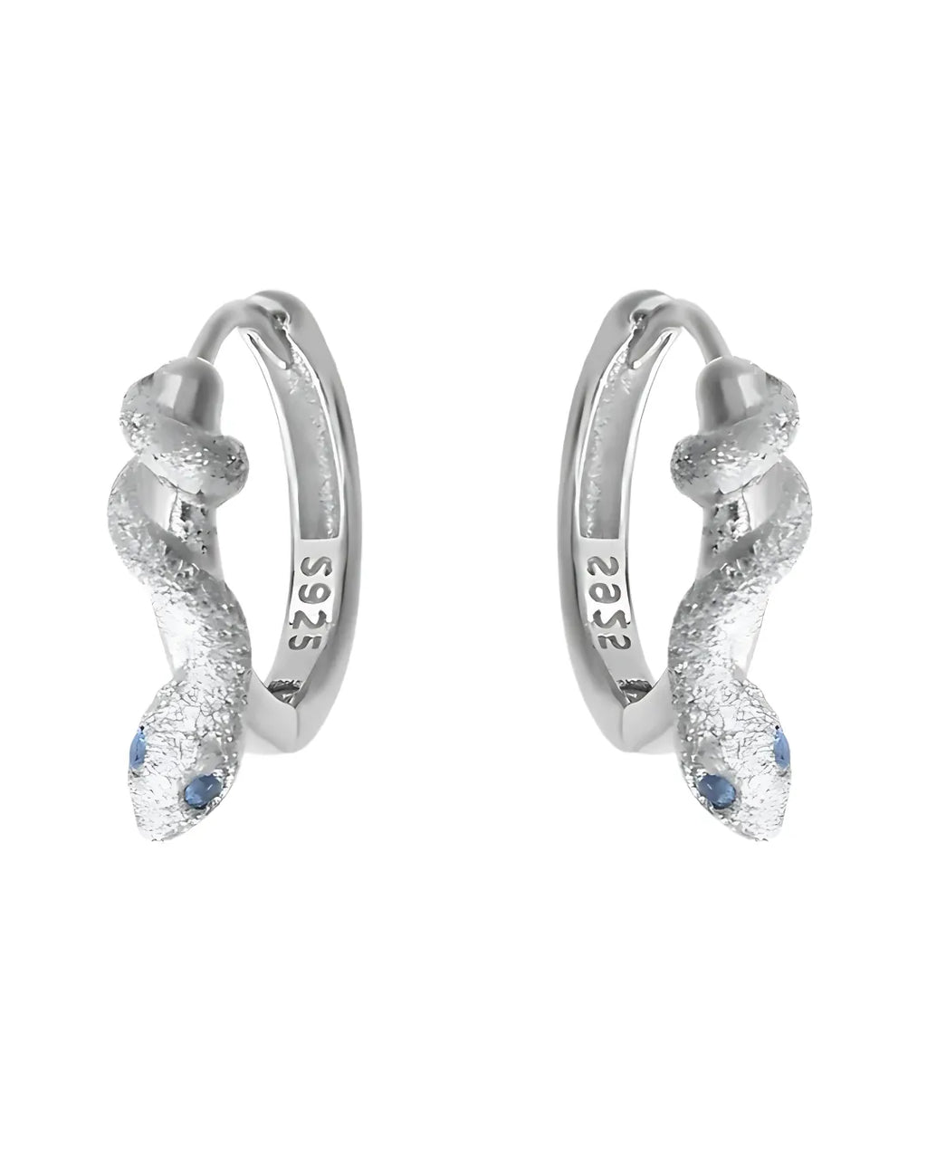 925 Sterling Silver Snake Hoop Earrings – Textured Design with Blue Eyes