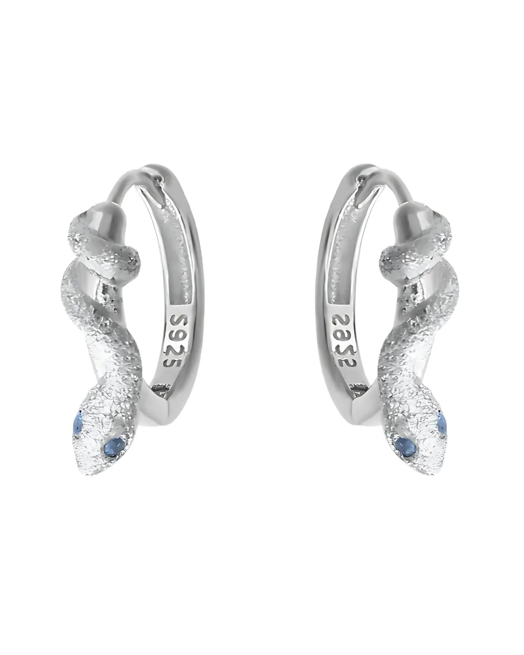 925 Sterling Silver Snake Hoop Earrings – Textured Design with Blue Eyes