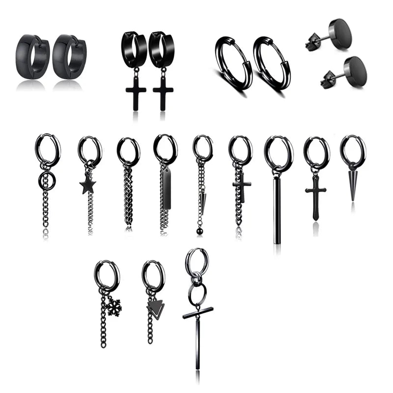 Black Hoop & Dangle Earring Set for Men – Stainless Steel Minimal & Statement Styles (Multiple Pairs)