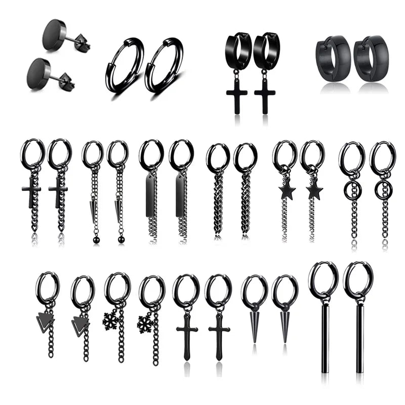 Black Hoop & Dangle Earring Set for Men – Stainless Steel Minimal & Statement Styles (Multiple Pairs)