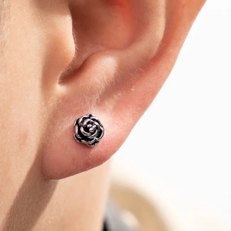 Men’s Rose Stud Earring – Vintage Stainless Steel Floral Design