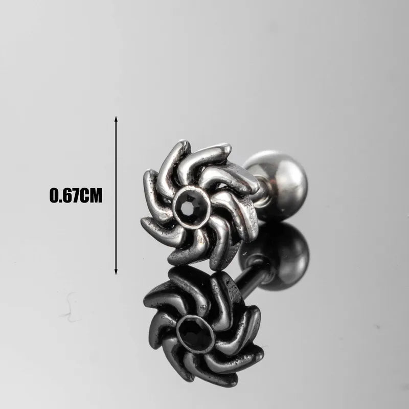 Men’s Spiral Gear Stud Earring – Black Gem Center, Vintage Steel