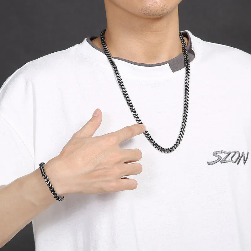 Men’s Titanium Steel Chain Set – 18K Gold Plated Bracelet & Necklace in Hip-Hop Style