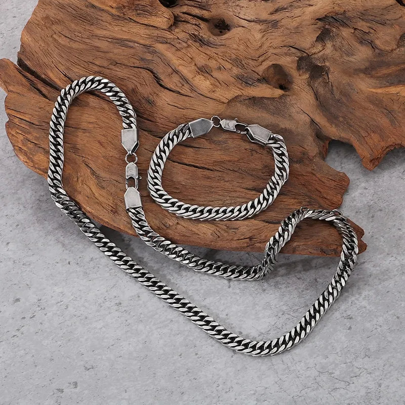 Men’s Cuban Chain & Bracelet Set – 304 Stainless Steel Retro Silver Hip-Hop Jewelry