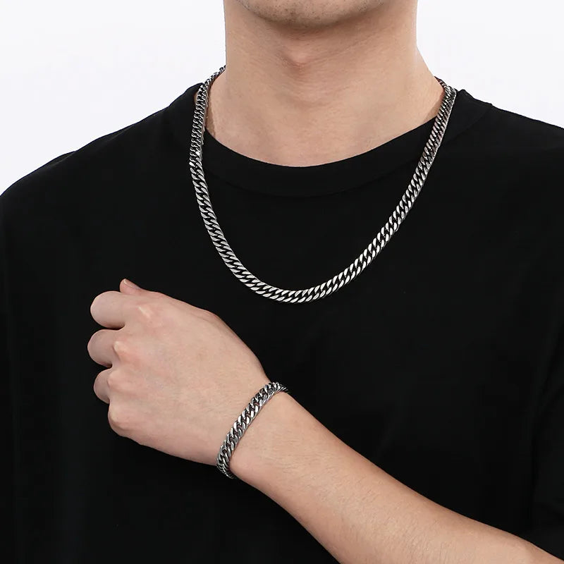 Men’s Cuban Chain & Bracelet Set – 304 Stainless Steel Retro Silver Hip-Hop Jewelry
