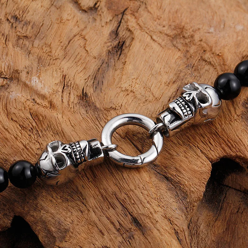 Men's Black Skull Beaded Necklace & Bracelet Set – Gothic Stainless Steel Jewelry