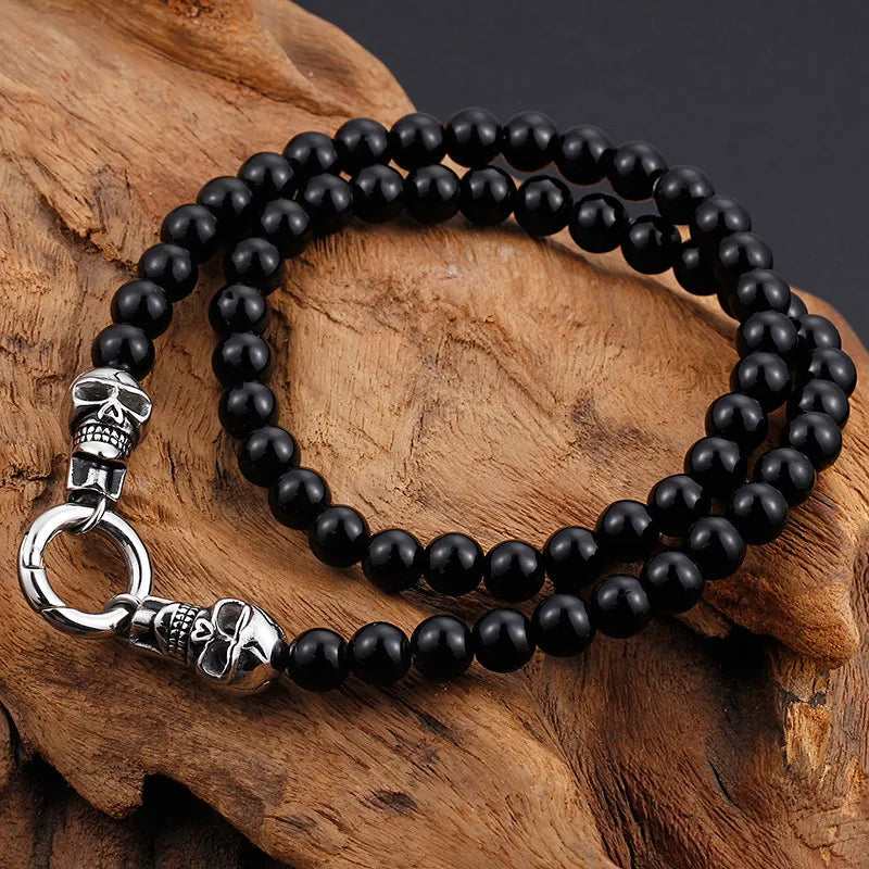 Men's Black Skull Beaded Necklace & Bracelet Set – Gothic Stainless Steel Jewelry