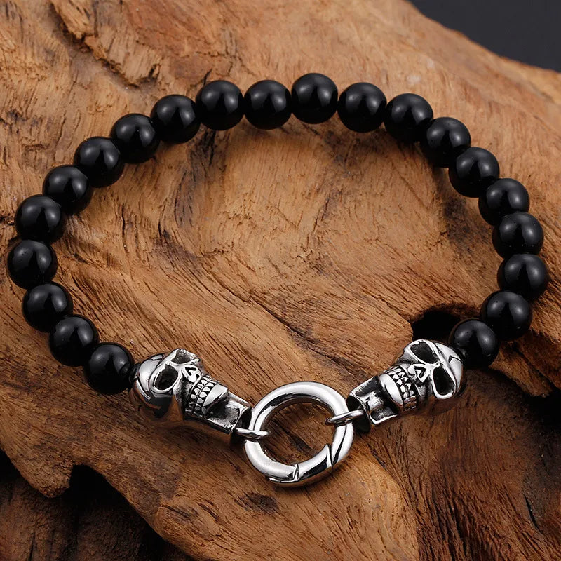 Men's Black Skull Beaded Necklace & Bracelet Set – Gothic Stainless Steel Jewelry