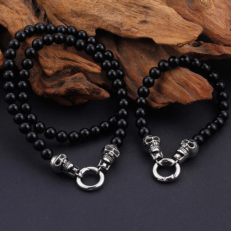 Men's Black Skull Beaded Necklace & Bracelet Set – Gothic Stainless Steel Jewelry