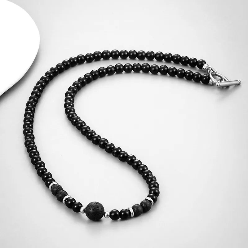 Men's Volcanic Rock & Multi-Stone Beaded Necklace | Stainless Steel Toggle Clasp (46cm)