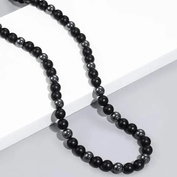 Men's Black Natural Stone & Stainless Steel Beaded Necklace | 60cm Length