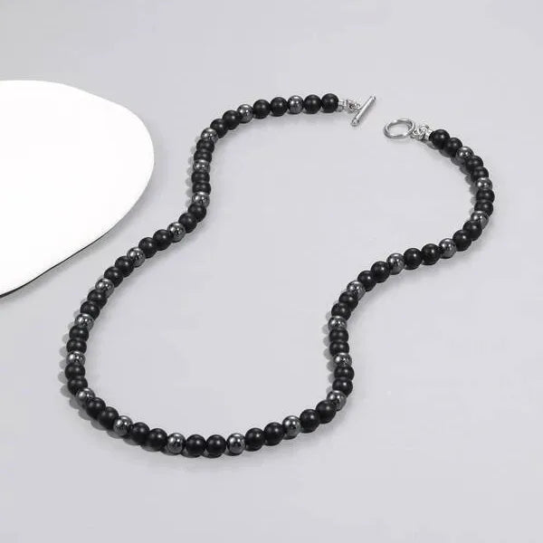 Men's Black Natural Stone & Stainless Steel Beaded Necklace | 60cm Length
