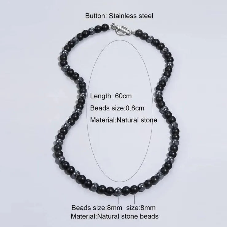 Men's Black Natural Stone & Stainless Steel Beaded Necklace | 60cm Length