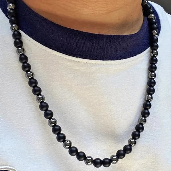 Men's Black Natural Stone & Stainless Steel Beaded Necklace | 60cm Length