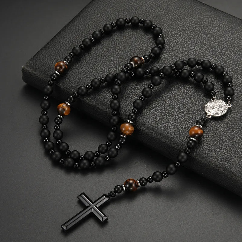 Men's Natural Stone Cross Rosary Necklace | Tiger Eye, Lava Stone & Obsidian | Ethnic Geometric Pendant