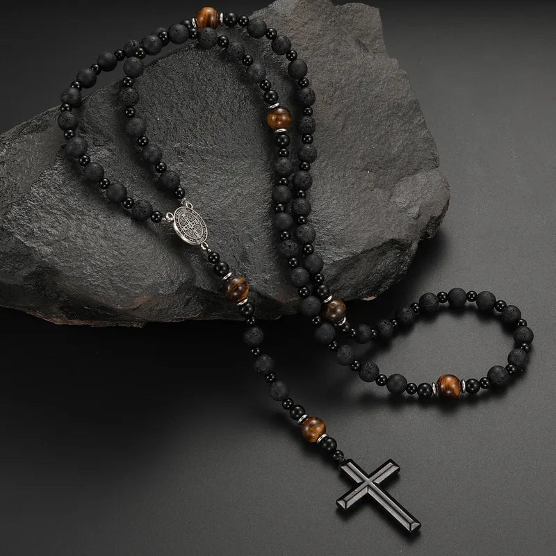 Men's Natural Stone Cross Rosary Necklace | Tiger Eye, Lava Stone & Obsidian | Ethnic Geometric Pendant
