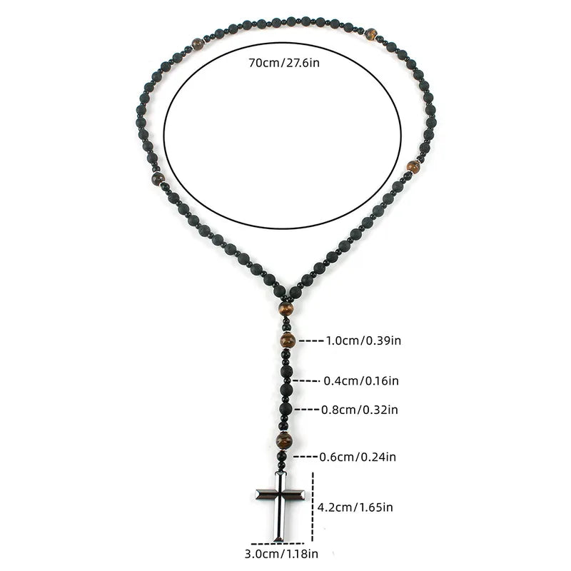 Men's Natural Stone Cross Rosary Necklace | Tiger Eye, Lava Stone & Obsidian | Ethnic Geometric Pendant