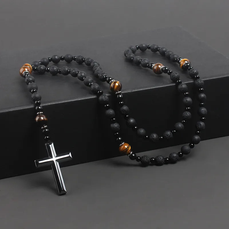 Men's Natural Stone Cross Rosary Necklace | Tiger Eye, Lava Stone & Obsidian | Ethnic Geometric Pendant