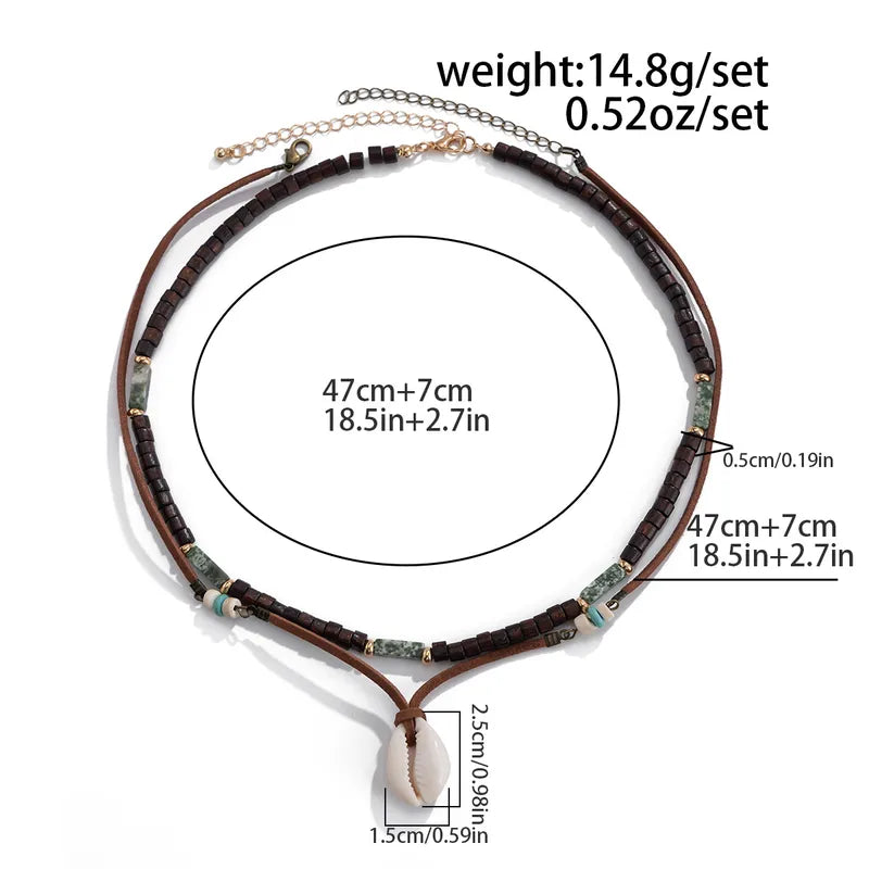 Men’s Layered Shell & Wood Beaded Necklace – Beach-Inspired with Turquoise Accents