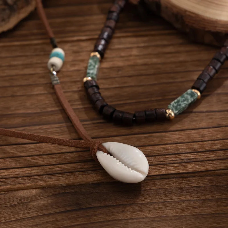Men’s Layered Shell & Wood Beaded Necklace – Beach-Inspired with Turquoise Accents