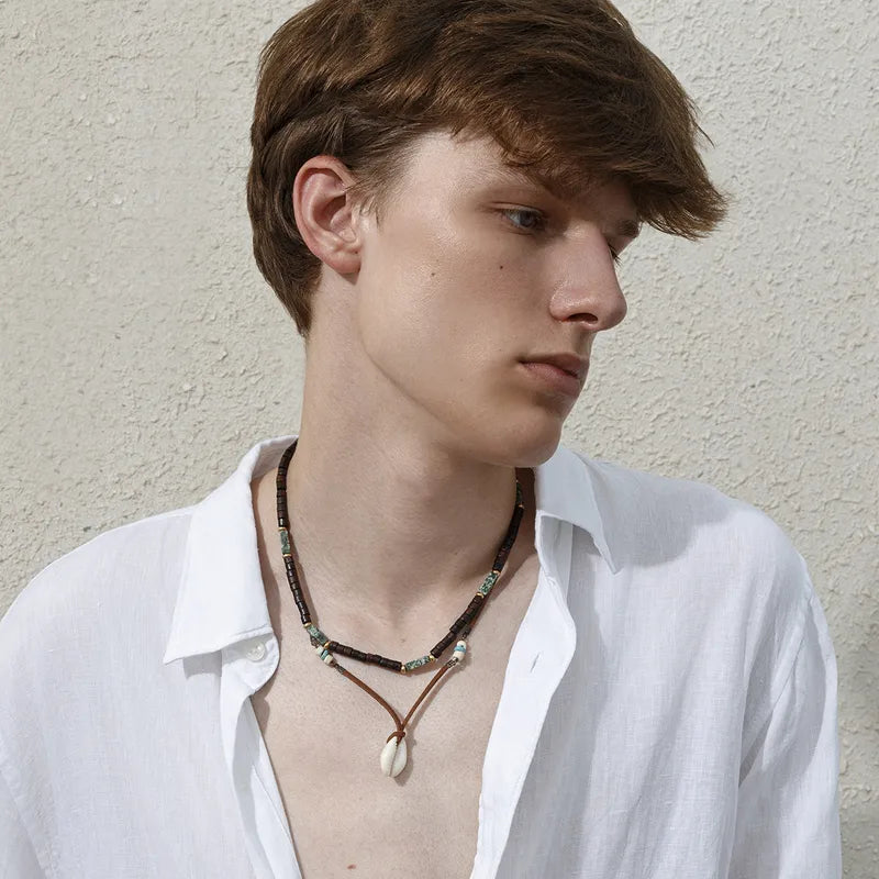 Men’s Layered Shell & Wood Beaded Necklace – Beach-Inspired with Turquoise Accents