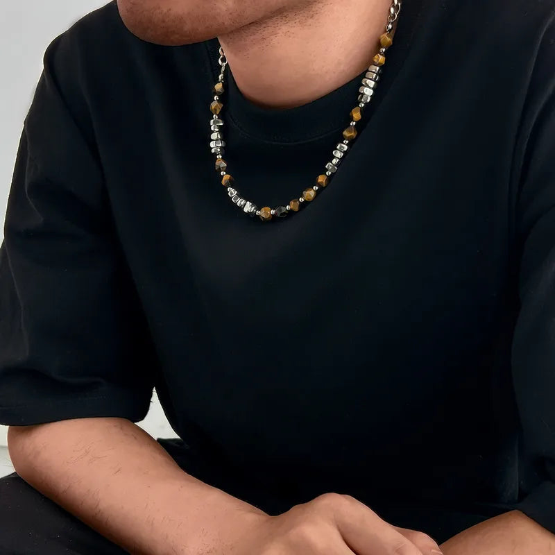 Men’s Stainless Steel & Amber Bead Chain – Bold Vacation-Style Statement Necklace