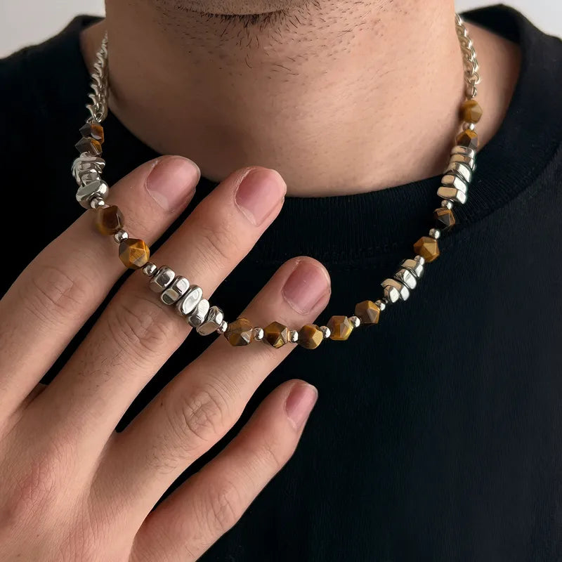 Men’s Stainless Steel & Amber Bead Chain – Bold Vacation-Style Statement Necklace