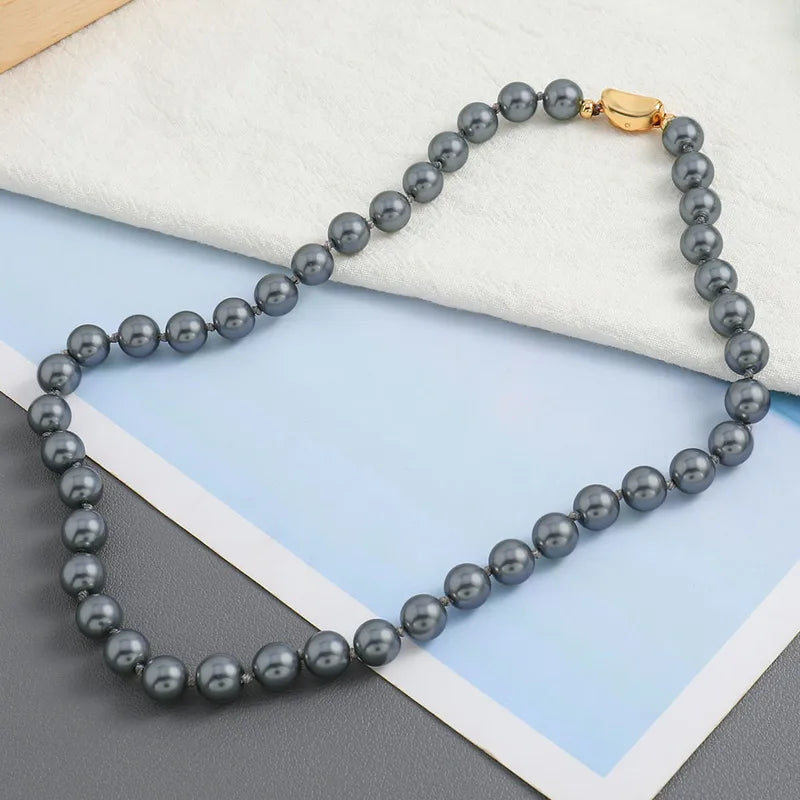 Grey Beaded Necklace with Gold Clasp – 18K Gold Plated Copper Beads for Men