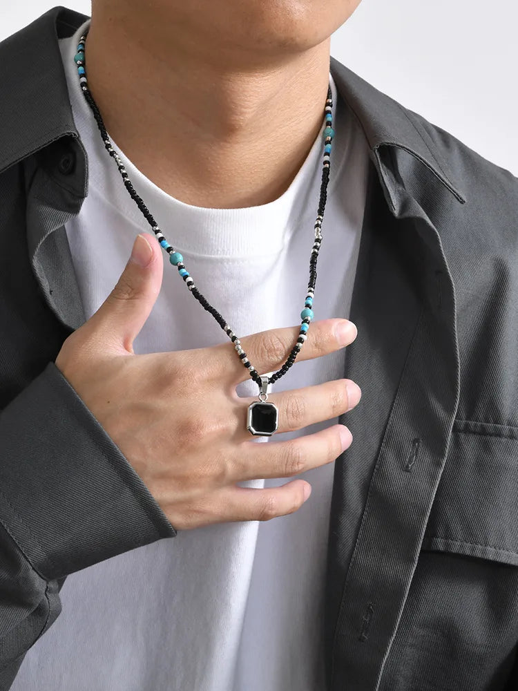 Men's Square Black Pendant Necklace – Stainless Steel with Seed Beads & Turquoise Accents