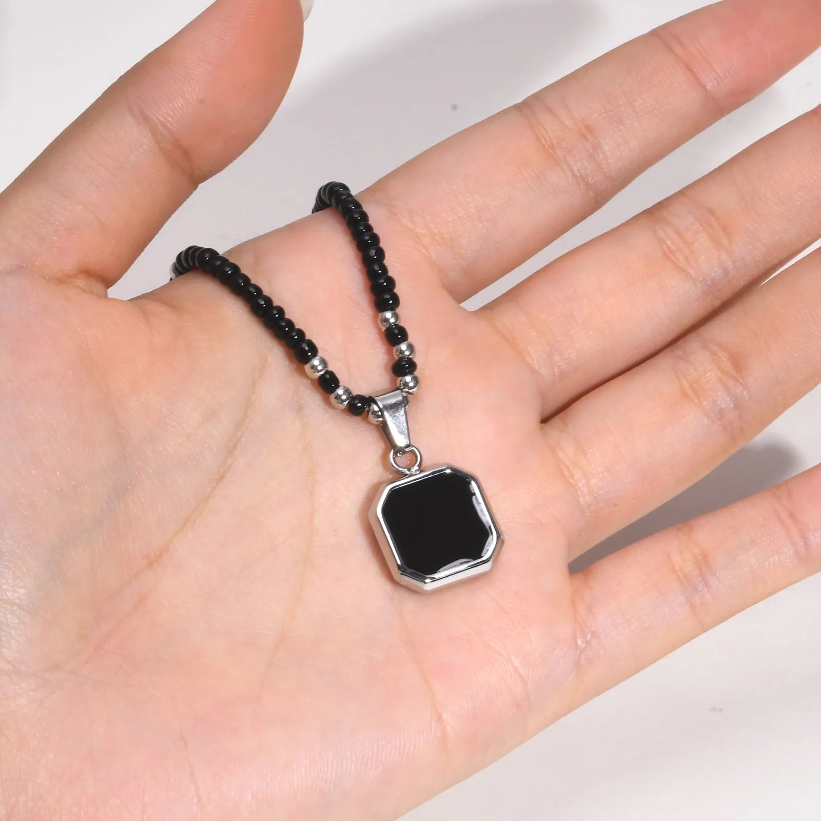 Men's Square Black Pendant Necklace – Stainless Steel with Seed Beads & Turquoise Accents