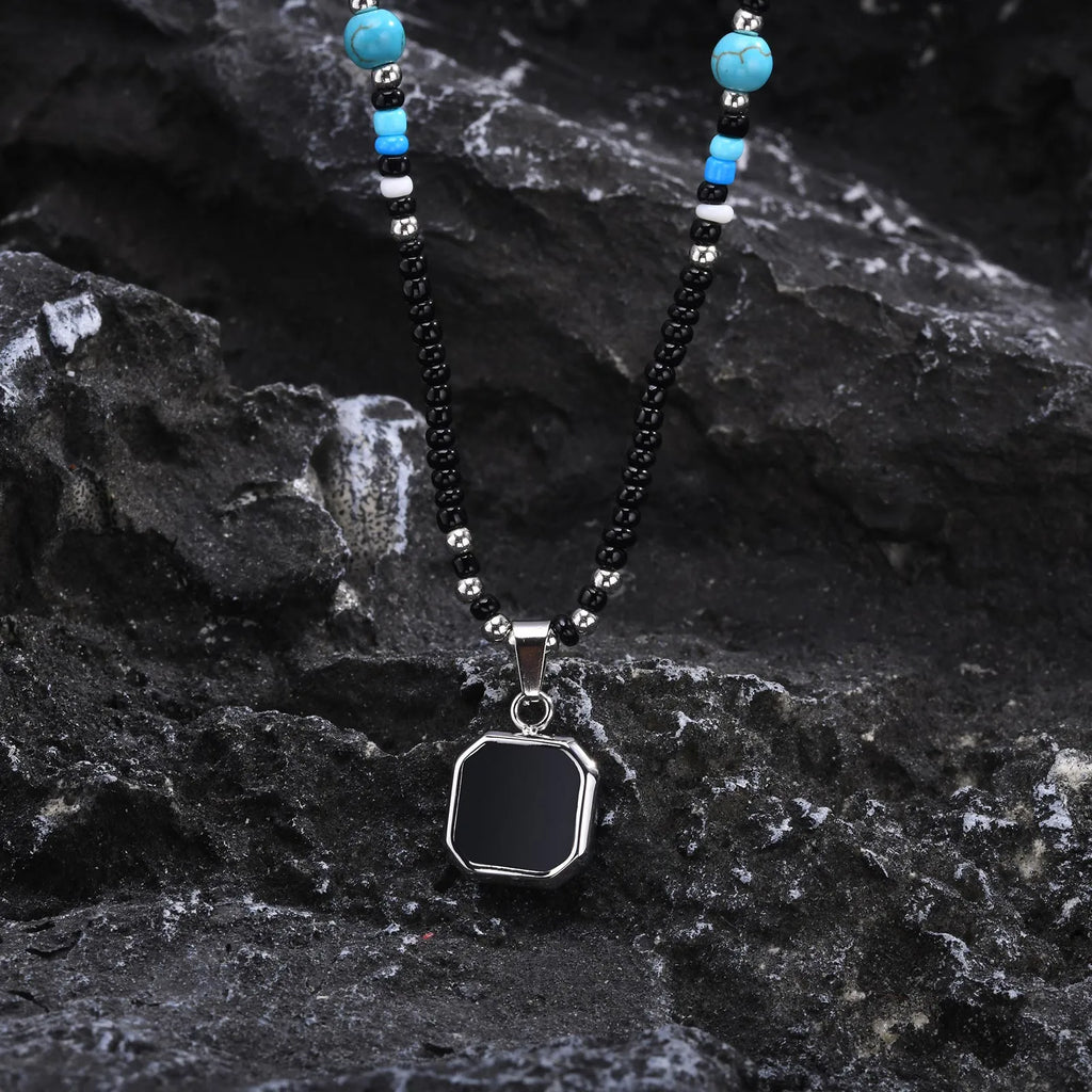 Men's Square Black Pendant Necklace – Stainless Steel with Seed Beads & Turquoise Accents