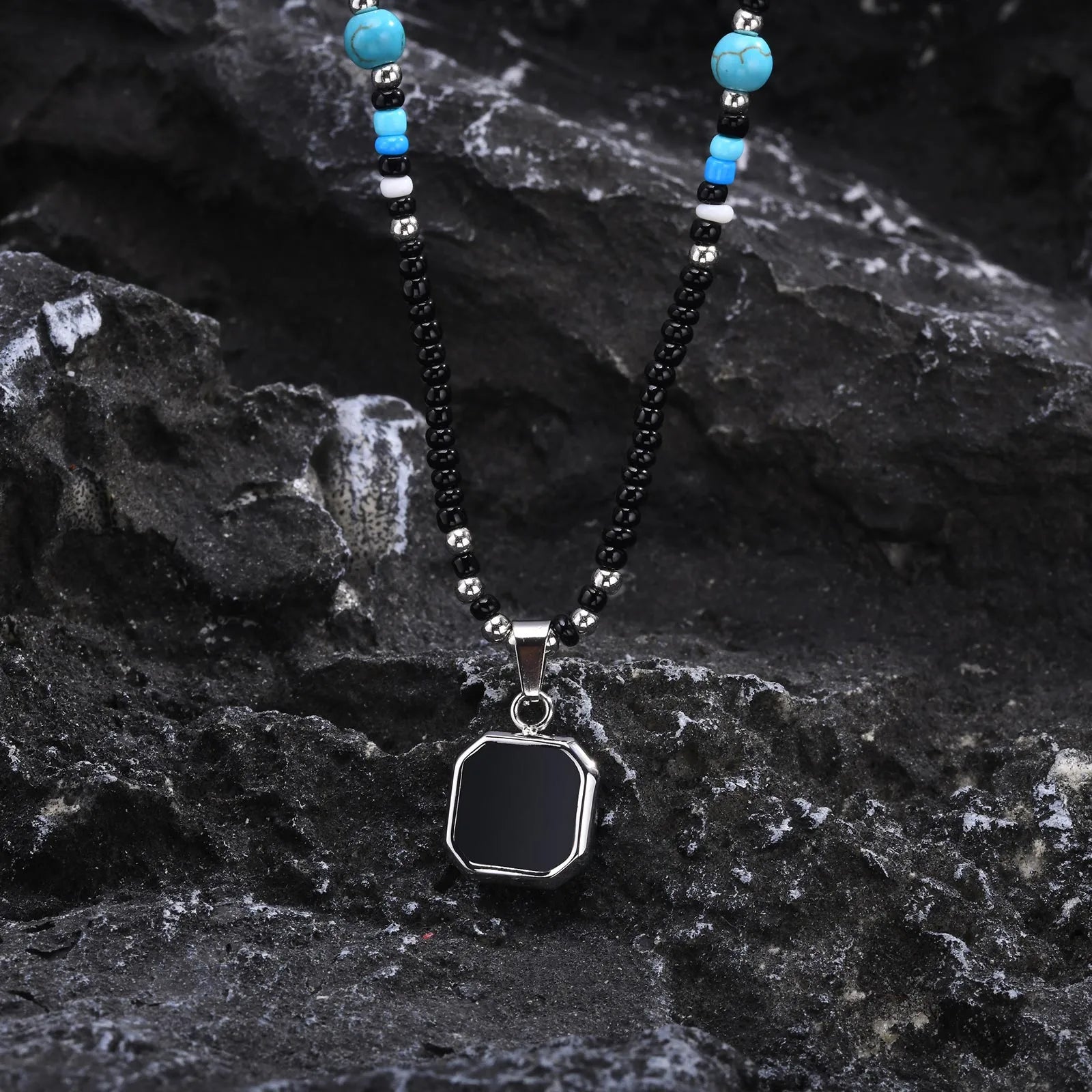 Men's Square Black Pendant Necklace – Stainless Steel with Seed Beads & Turquoise Accents