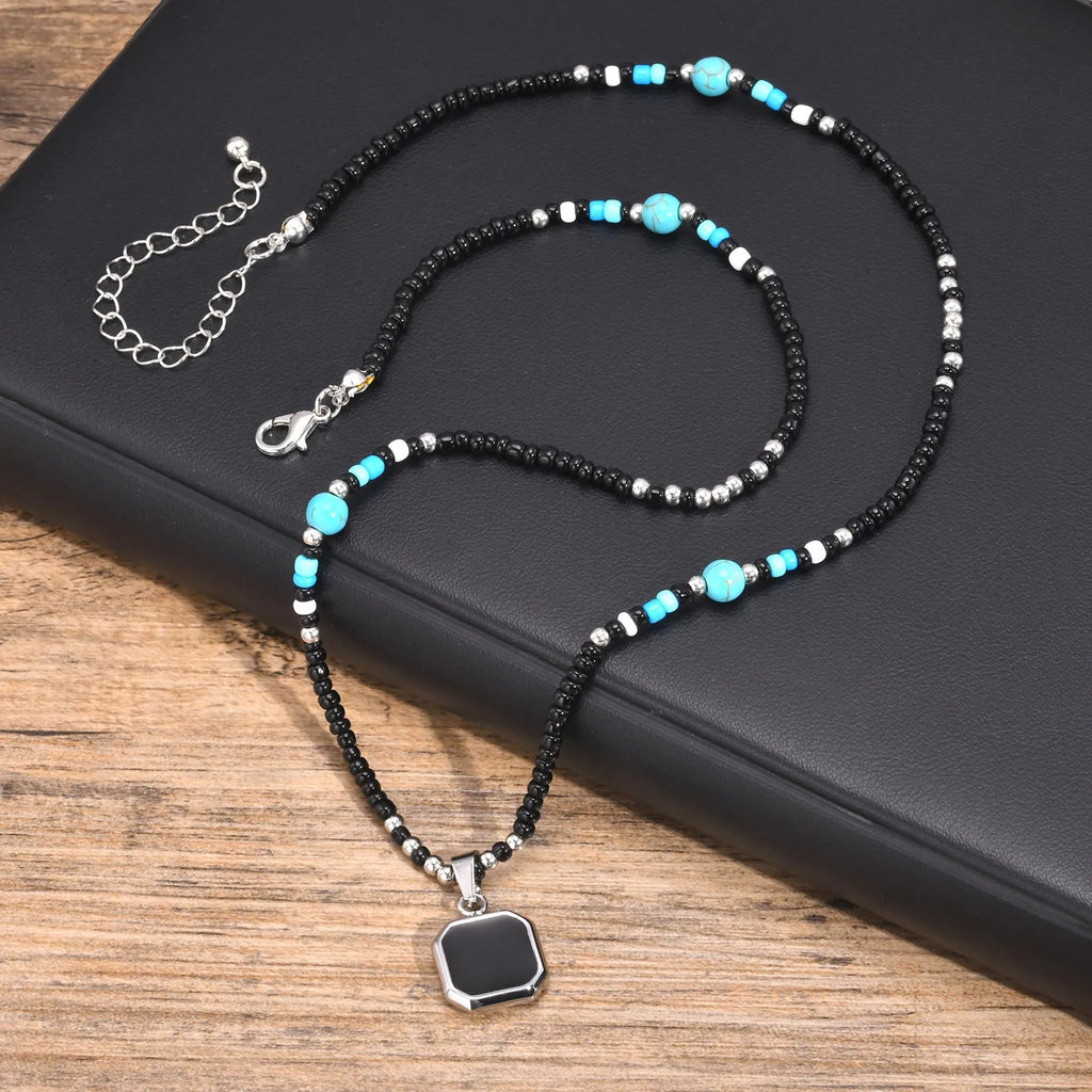 Men's Square Black Pendant Necklace – Stainless Steel with Seed Beads & Turquoise Accents