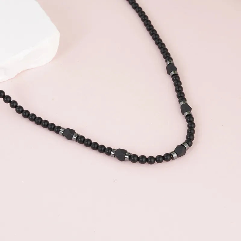 Men’s Black Agate & Volcanic Rock Beaded Necklace – Natural Stone Minimalist Chain