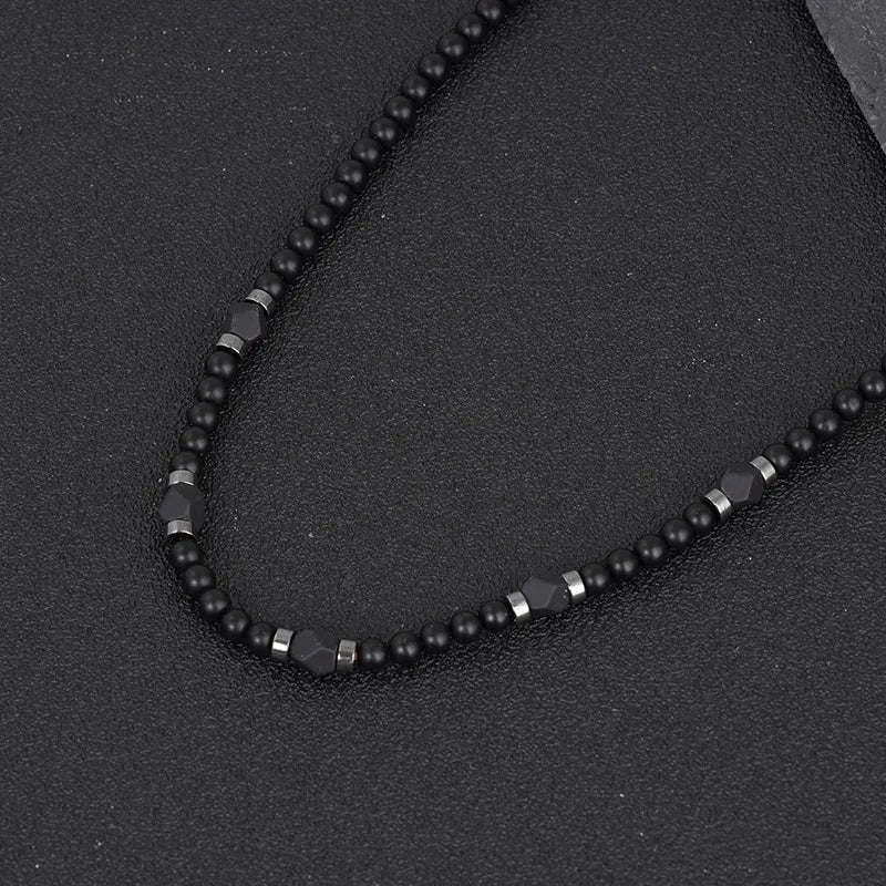 Men’s Black Agate & Volcanic Rock Beaded Necklace – Natural Stone Minimalist Chain