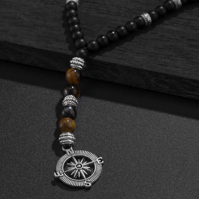 Men's Black Beaded Compass Necklace – Tiger Eye Pendant with Vintage Explorer Style